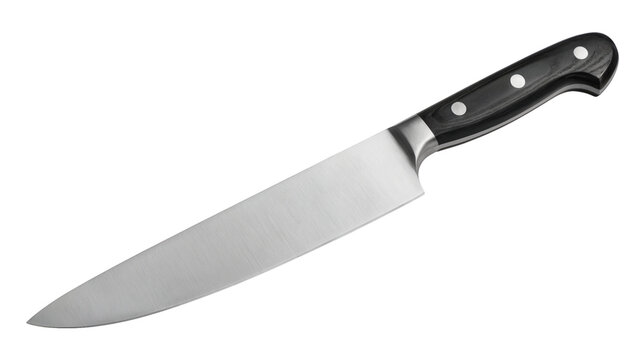 Professional chef's knife with sharp steel blade and elegant dark wood handle, perfect for culinary precision and kitchen mastery isolated on white or transparent png.