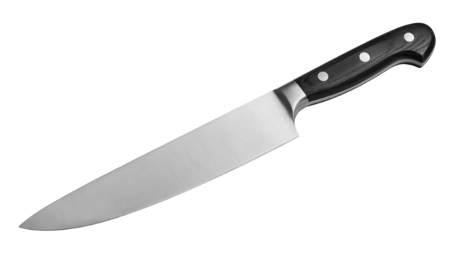 Professional chef's knife with sharp steel blade and elegant dark wood handle, perfect for culinary precision and kitchen mastery isolated on white or transparent png.