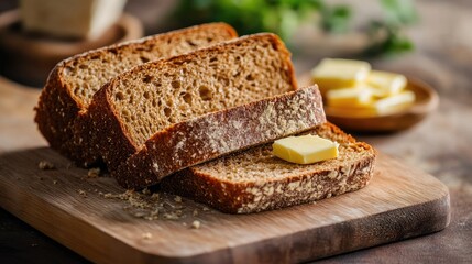Sliced whole grain bread with pats of butter on board, soft lighting emphasizing crumb texture and natural tones