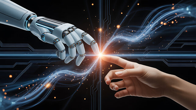Futuristic robot hand and human finger connect, symbolizing AI integration and technological advancement in a dynamic digital realm