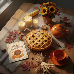 A cozy Thanksgiving table setting featuring a steaming apple pie with a lattice crust, candles, an orange teapot and cup, sunflowers, dried leaves, and a turkey-themed greeting card.