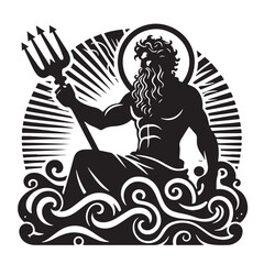 Black Greek Mythic Sea God Silhouette Vector, High Quality Illustration on White Background