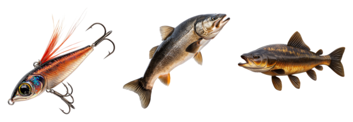 Realistic Fishing Lure and Freshwater Fish Collection for Anglers, PNG bundle collection, Isolated on Transparent Background