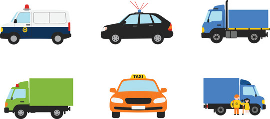PrintIllustrated police cars, cargo trucks, emergency vehicles, taxi cab, delivery truck with workers, transportation service icons in colorful flat design vector set