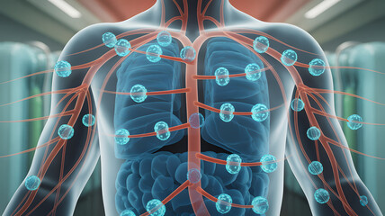 Transparent human body with lungs and lymph nodes showing immune system response
