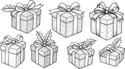 PrintHand drawn Christmas gift boxes with ribbons, bows, holly leaves, berries, festive holiday presents illustration, black and white vintage sketch, vector art