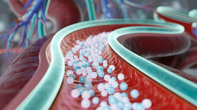 Firefly ideogram glowing spheres carrying medicine bloodstream dynamic inner body visualization