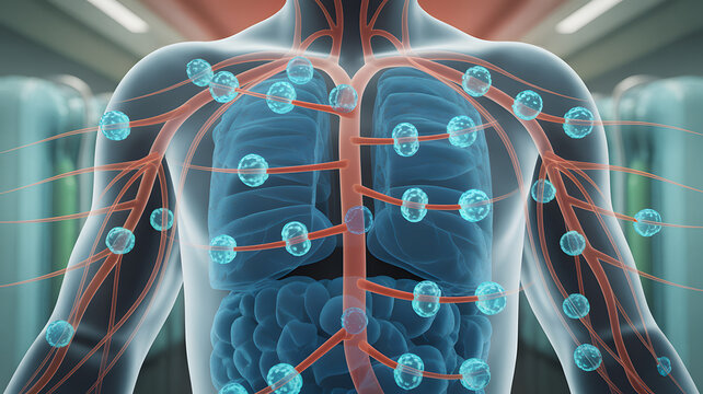 Transparent human body with lungs and lymph nodes showing immune system response