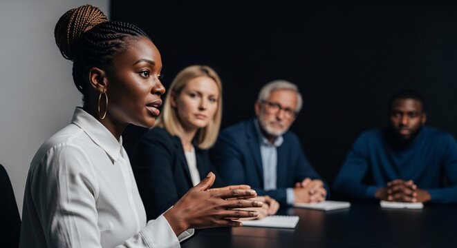 Diversity in leadership showing professional woman presenting to a diverse team in the office confident speakers business professionals business strategy meeting success