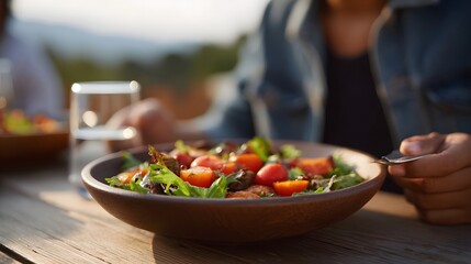 Healthy salad with fresh cherry tomatoes and mixed greens served outdoors on a rustic wooden table in warm afternoon sunlight