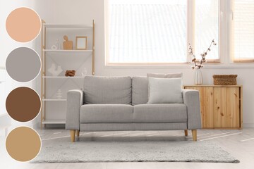 Interior of light living room with shelving unit and sofa. Different color patterns