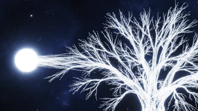 Bright light source connected to a treelike structure in space, creating a cosmic and ethereal scene