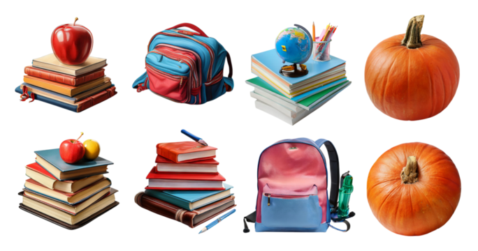Colorful Back to School Supplies with Books and Fall Decorations, isolated on transparent background