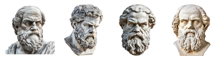Classic Marble Sculptures of Thoughtful Philosophers in Profile Views, PNG bundle collection, Isolated on Transparent Background