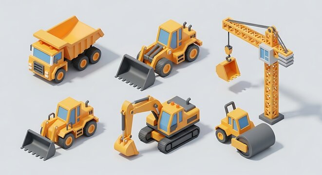 Isometric Construction Vehicles - Dump Truck, Bulldozer, Crane, and More.