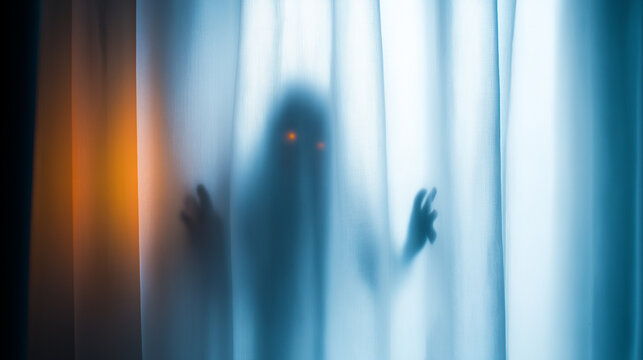 Silhouette of a mysterious person behind a curtain creating a dark eerie horror atmosphere.