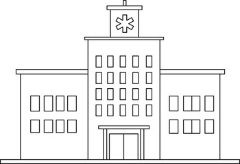 PrintModern hospital building outline, healthcare facility exterior, medical center architecture illustration, emergency services design, urban health infrastructure vector drawing, clinic structure