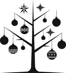 PrintMinimalist Christmas tree illustration, black and white festive holiday design with hanging ornaments and stars, simple winter decoration graphic art.