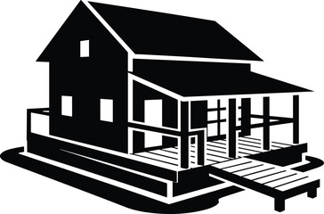 PrintModern stilt house vector illustration, black and white floating home design, tropical river house architecture, wooden structure art, minimalist silhouette.