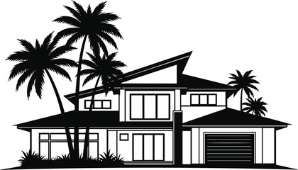 PrintModern tropical house front view, luxury beach villa exterior, palm trees design, contemporary architecture illustration, minimalist real estate vector art