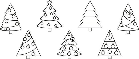 PrintOutline Christmas tree vector collection, minimalist festive holiday design, black and white Christmas decoration, simple winter art illustration set
