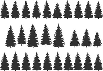 PrintPine tree forest silhouette collection, black evergreen conifer trees vector set, natural woodland design elements for winter, Christmas, and landscape backgrounds