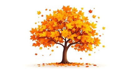Obraz premium A vibrant illustrated maple tree in full autumn foliage, with falling leaves scattered around the base on a white background