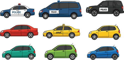 Printpolice cars, taxi vehicle, sedan icons, colorful hatchbacks, cartoon transport, city traffic cars, urban vehicles, automobile illustration set, emergency cars, patrol van