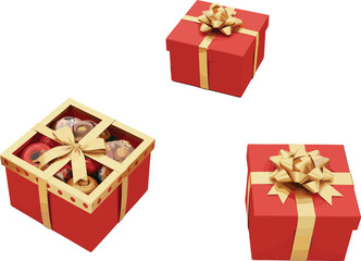 PrintRed Christmas gift boxes with golden ribbon bows, festive holiday presents, wrapped celebration items, decorative seasonal packaging for winter party illustration