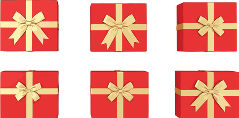 PrintRed Christmas gift boxes with golden ribbon bows, festive wrapped presents collection, holiday decoration packaging illustration for winter celebration and seasonal design
