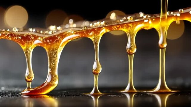 Golden syrup drips gracefully off a wooden spoon creating a mesmerizing pattern on a dark surface during a kitchen cooking session