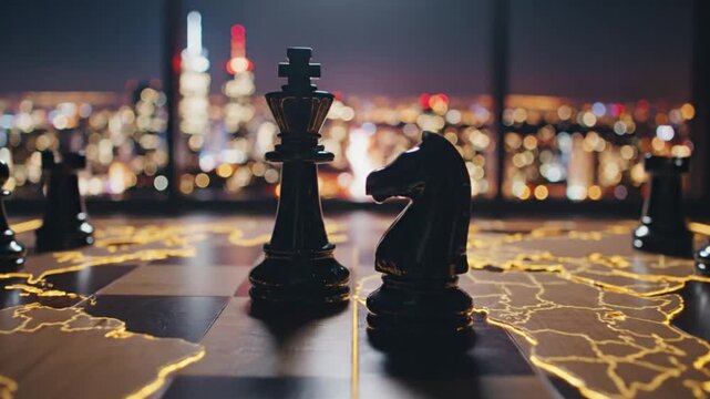 Chess pieces strategically positioned on a world map, symbolizing global strategy and international business