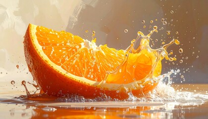 A vibrant orange slice creating a dynamic splash of liquid. The illustration is rich in color and detail, capturing the juicy nature of the fruit