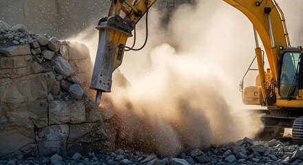 Excavator with hydraulic hammer breaking rock in quarry.