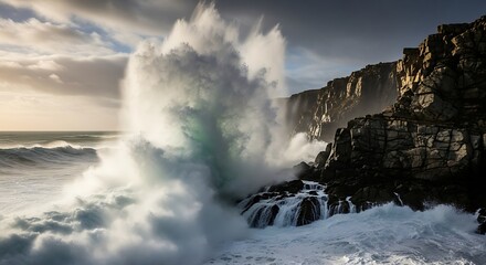 Dramatic ocean waves crashing against rugged cliffs on a stormy day.