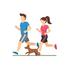 Man woman and dog running together exercising outdoors in sportswear.