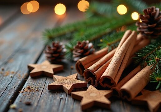Cozy holiday life featuring cinnamon sticks, pine cones and rustic wooden stars nestled among evergreen needles on dark wood.