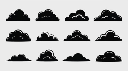 A collection of twelve stylized black cloud shapes, each with a unique form and soft, rounded edges, creating a serene atmosphere