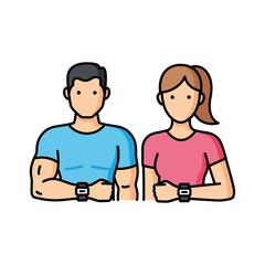 Obraz premium Man and woman wearing smartwatches fitness concept health tracking technology illustration.