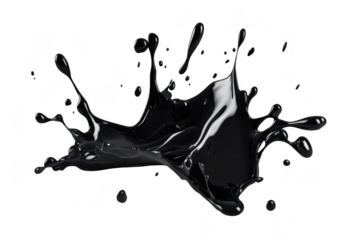 A dynamic splash of black liquid on a pristine white background. capturing the moment of impact. ideal for illustrating concepts of fluidity. creativity. or artistic expression