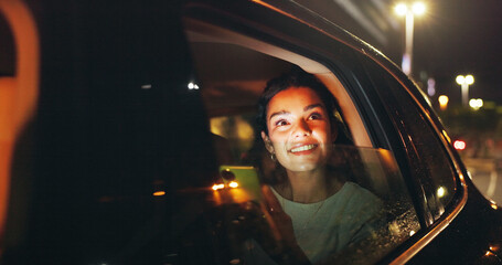 Night, thinking and happy woman in car with phone, transportation or remember memory by window. Dark city perspective, mobile or person admire town with bokeh, travel or taxi trip for reflection
