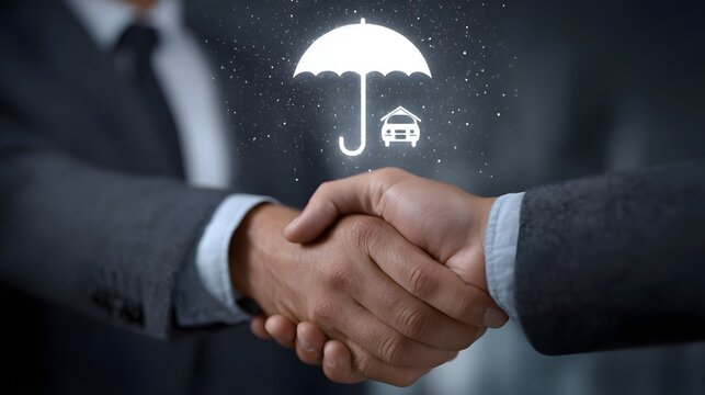 Business handshake under a protective umbrella with car and home icons symbolizing insurance