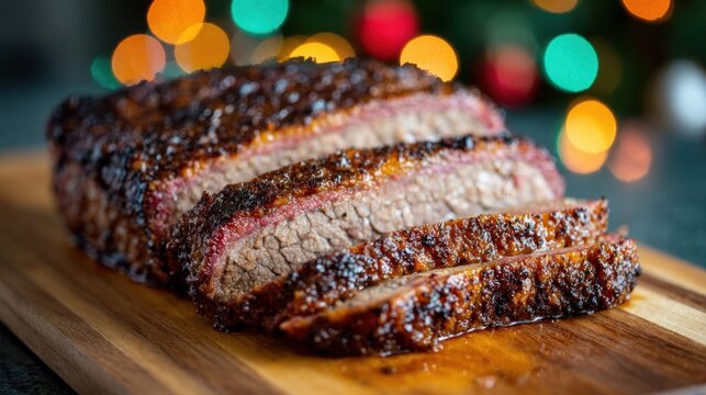 Delicious smoked brisket sliced on a wooden cutting board, ready to serve