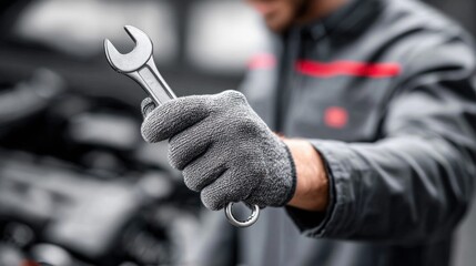 Mechanic holding a wrench, ready to repair a vehicle engine