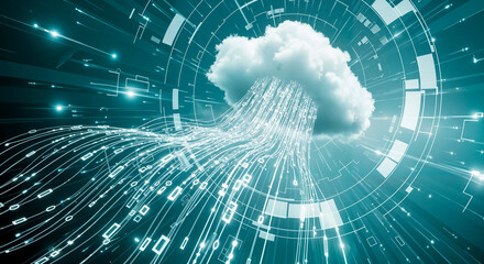  A clouds permeated with data flows in cyberspace. Cloud networking, AI,  crypto and cybersecurity.  Monochrome modern 3d illustration, visualization in turquoise and white