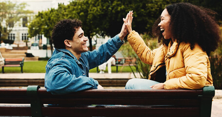 Happy, college students or high five on campus for success, scholarship opportunity or degree...