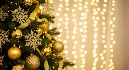 Close up of a decorated christmas tree with golden ornaments and snowflake decorations against a blurred background of warm fairy lights