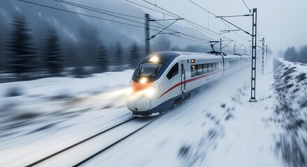 High-speed train hurtling through a snowy winter landscape.