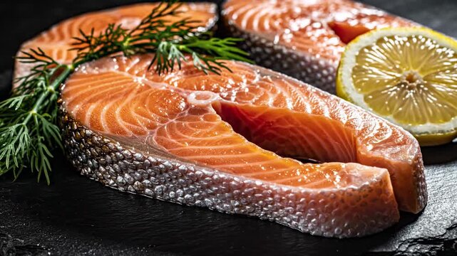Filetes de salm&oacute;n salvaje ahumado sobre superficie negra, comida gourmet y saludable