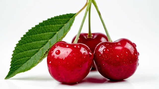Tres cerezas con hojas aisladas sobre fondo blanco, fruta fresca y natural de verano